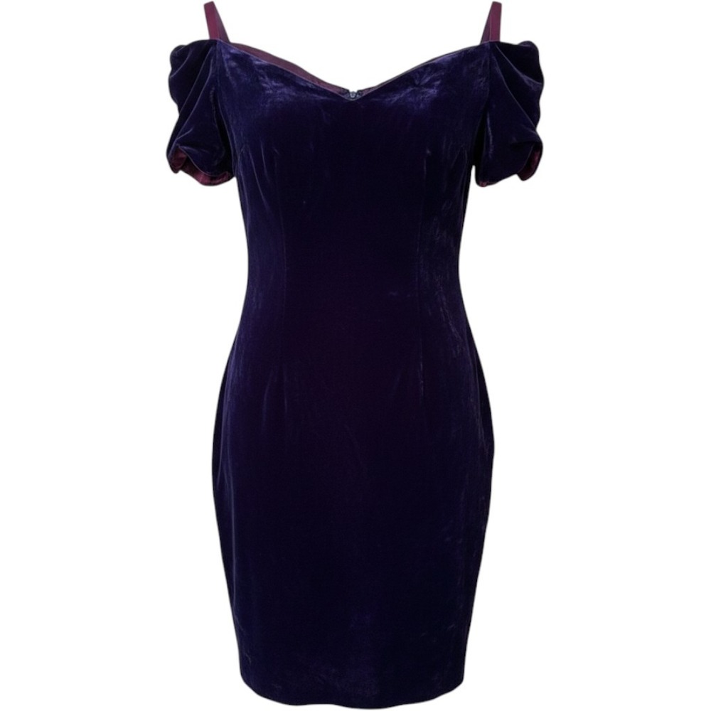 Vintage Purple Velvet Cold Shoulder Sweetheart Sheath Dress Made in Canada 9/10